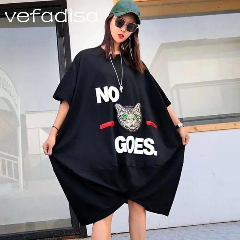 Vefadisa 2018 Oversized Clothing Cartoon Cat Pattern Dress Short Sleeve