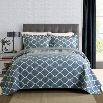 

3pcs American washed cotton patchwork quilt colcha full/queen/king size blue plaid плед bed cover bedspread free shipping AL