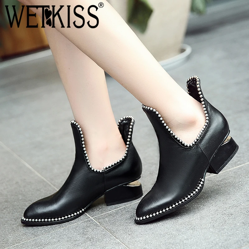 

WETKISS Unusual Heels Women Ankle Boots Pointed Toe Rivet Footwear Cow Leather Female Boot Fashion Casual Shoes 2018 New Autumn