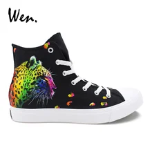 Wen Hand Painted Shoes Colorful Leopard Pattern High Top Canvas Shoes Unisex Designs Classic Black Skateboard Sneakers