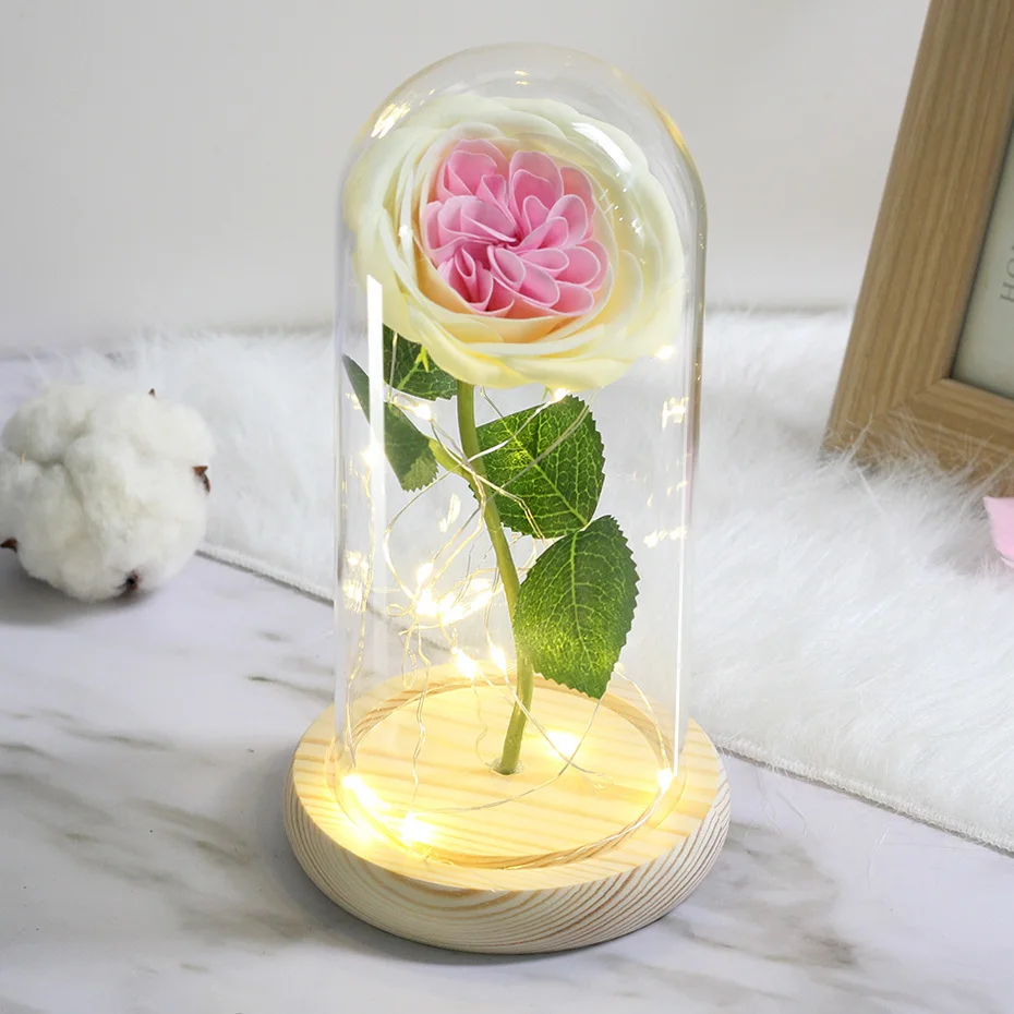 LED Soap Flower Rose Flower In Glass Dome Christmas Gifts Artificial Flower Valentine's Day Wedding Party Home Decor Fake Flower