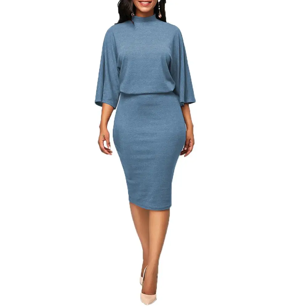 

Fashion Plus Size Fashion Women Solid Color 3/4 Sleeve Round Neck Bodycon Midi Dress 2019