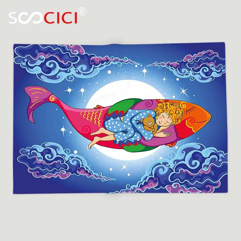 Custom Soft Fleece Throw Blanket Kids Fish Cute Sleeping Baby Floating on Cartoon in Sky Big Moon Stars Clouds Dreamy | Дом и сад