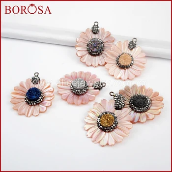 

BOROSA 5/10PCS Small Daisy Pink Shell Charm with Rainbow Druzy for Drop Earrings, Rhinestone Pave Gems Pendant Jewelry JAB920