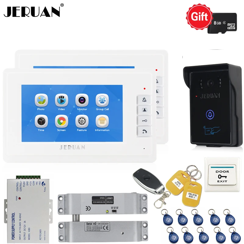

JERUAN Video door phone Doorbell Video/voice Recording Intercom System kit 7 inch TFT Screen + Waterproof RFID Access Camera 1V2