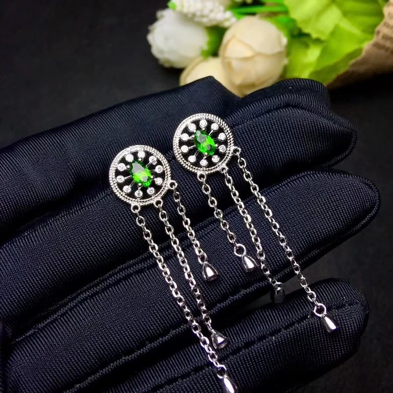 

Fashion natural diopside drop earrings Natural gemstone earrings Elegance network Tassels 925 silver female girl gift jewelry