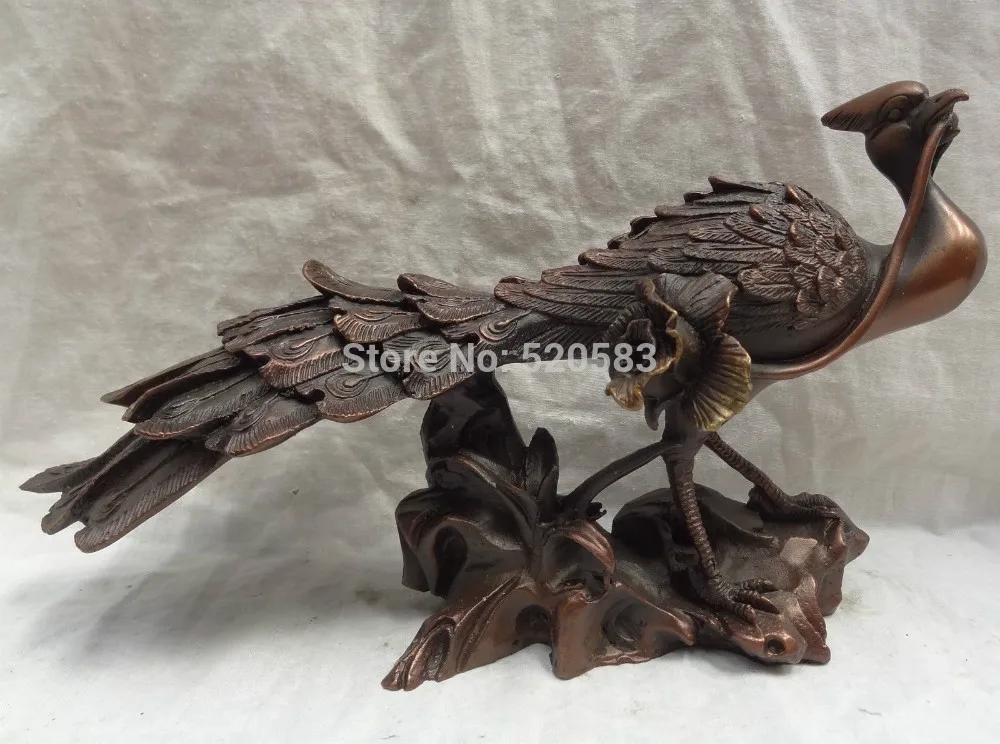 

11" China Pure Bronze Bird FengShui JiXiang Peacock Peafowl Beak Flower Statue