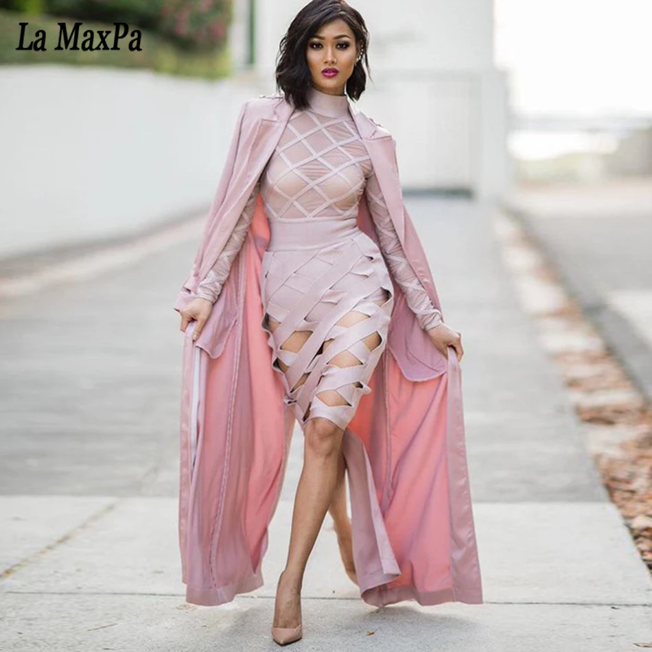 

2017 summer Women bandage Dress sexy hollow out long sleeve knee-length pink yellow celebrity party prom elegant bodycon dress