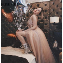 Vestidos Новое поступление Спагетти ремни линия разрез Цветы вечерние платья Тюль V образным вырезом Длина до пола вечернее платье HFY11801