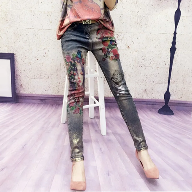 3D эластичные джинсы с 3D цветочным узором, окрашенные узкие брюки, женские элегантные стильные джинсовые брюки, брюки для женщин, джинсы