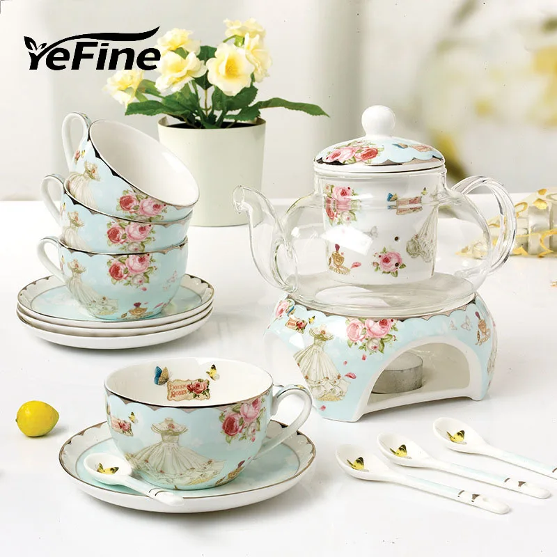 YeFine Ceramics 15 Pieces Modern Fashion Flower Tea Set European Style Tea Set Heatable Glass