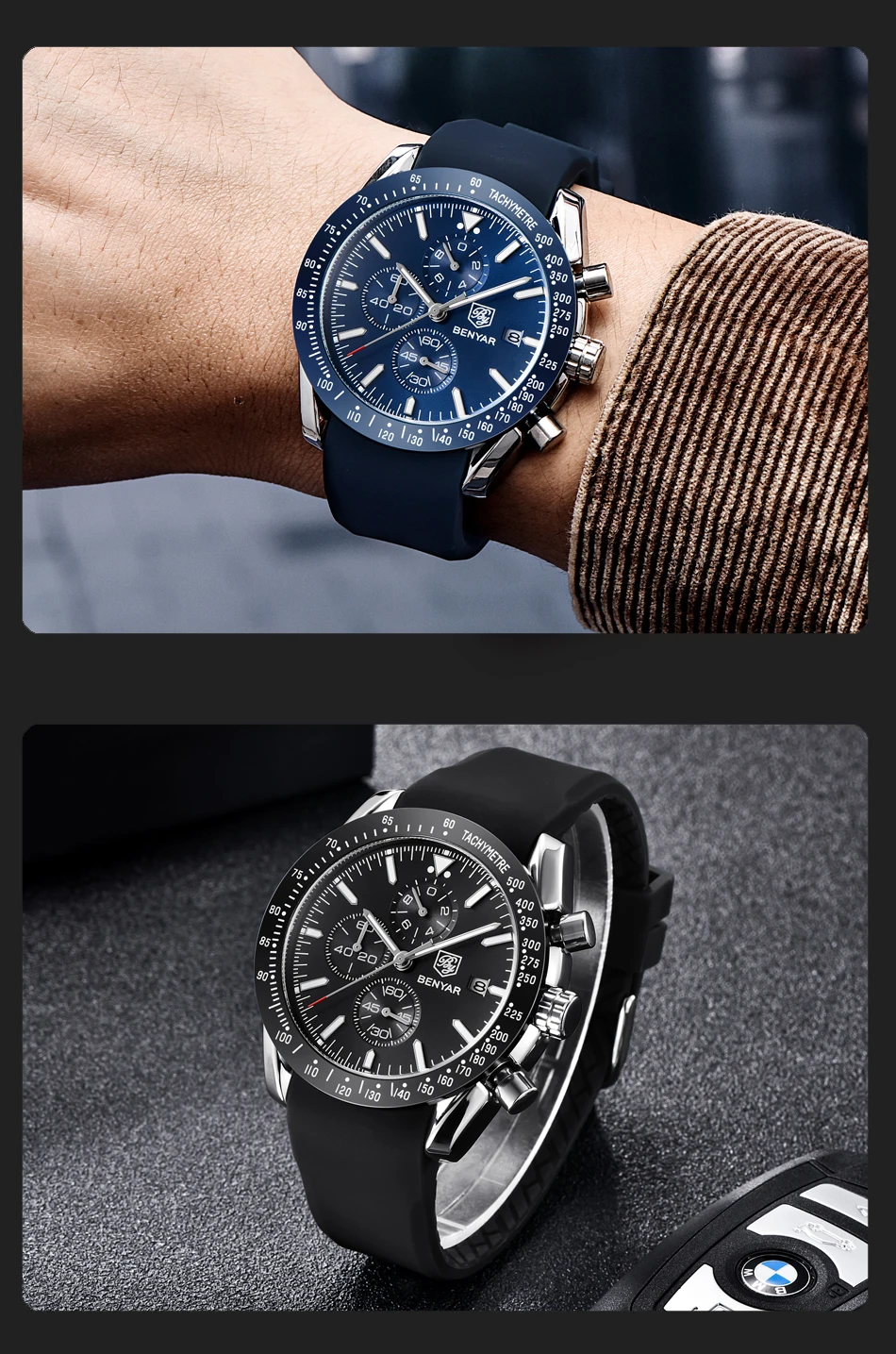 Часы мужские роскошные брендовые BENYAR мужские s синие часы с силиконовым ремешком наручные часы Мужские Хронограф Часы мужские Relogio Masculino