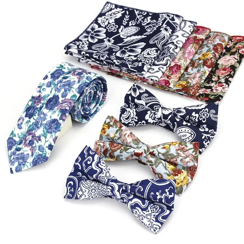 

Hot 3PCS ( Ties Bowtie Handkerchief ) Men's Neck Tie Set Groom 6cm Flower Print Cotton Skinny Slim Necktie Bow Pocket Square Lot