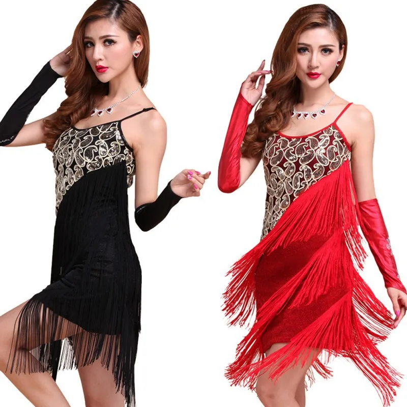 Chic Women Latin Dance Dress Tiered Tassel Fringe Jazz Age Flapper Evening Backless Tasseled