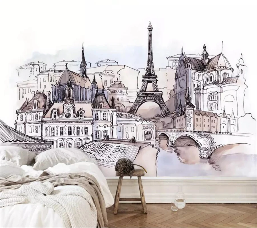 

beibehang Custom wallpaper 3D mural European-style hand-painted iron tower watercolor background wall paper decorative painting