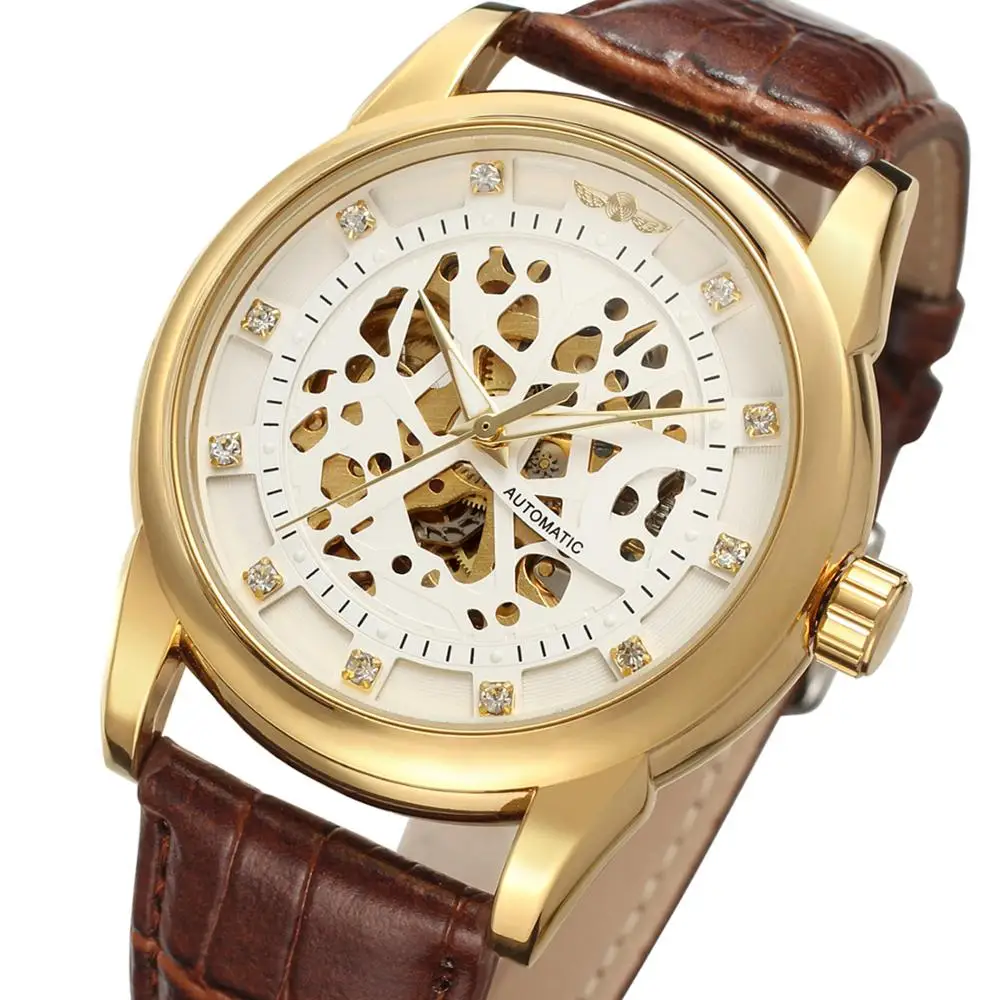 

WINNER WATCH golden surface like dense flower silver pointer digital dial brown leather strap men's automatic watch