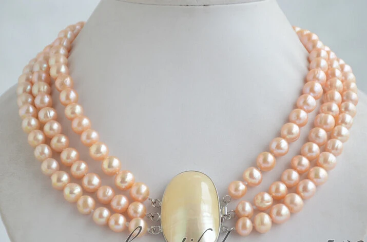 

FREE SHIPPING * p6562 3strands 9mm round pink freshwater pearl necklace mabe clasp AAA