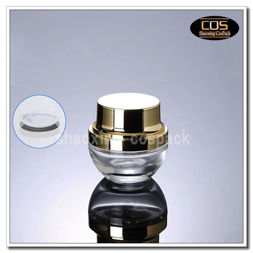 50pcs/lot 20g clear glass cream jar with shiny gold lid, 20 grams