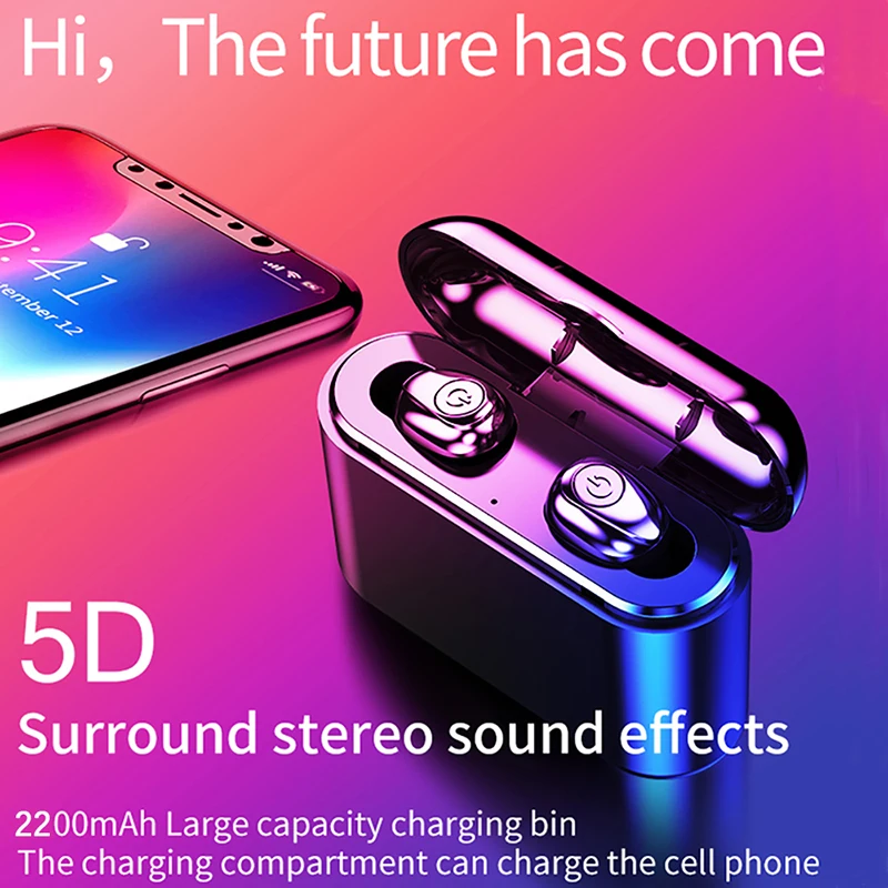 Беспроводные наушники Bluetooth 5,0, стерео наушники, водонепроницаемая Спортивная гарнитура с зарядным устройством 2200 мАч для Iphone, Android