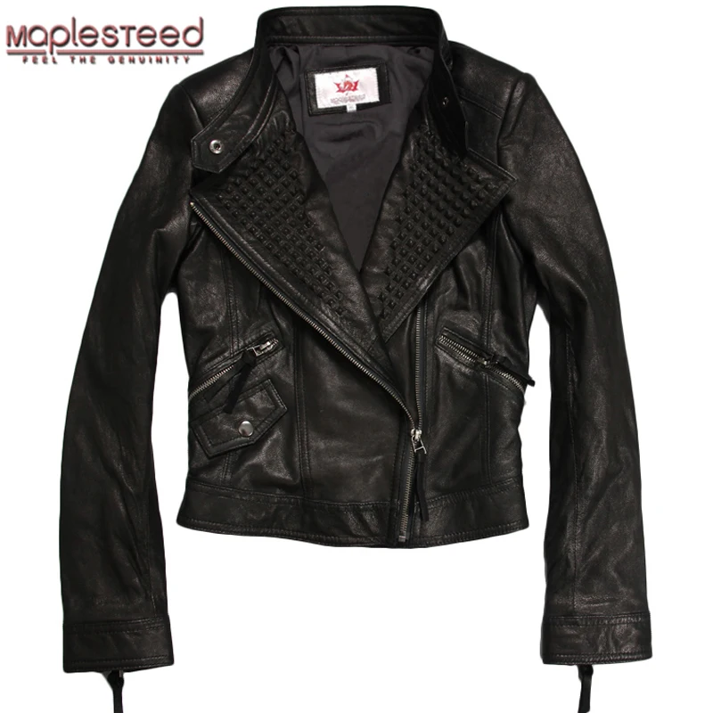 

MAPLESTEED Women Genuine Leather Jacket For Women Goat Skin Fashion Black Thin Rivets Bomber Motorcycle Coat Female Jaqueta M178