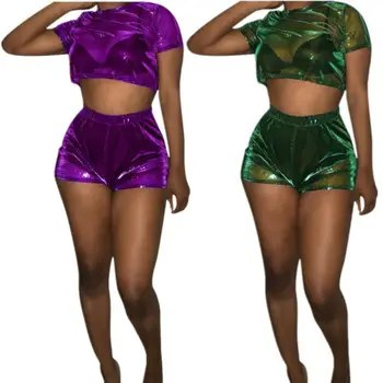 

Women Transparent Crop Top Sexy Short Sleeve Shorts Two Piece Suits Solid Short O Neck Tee Ladies Fashion Sets