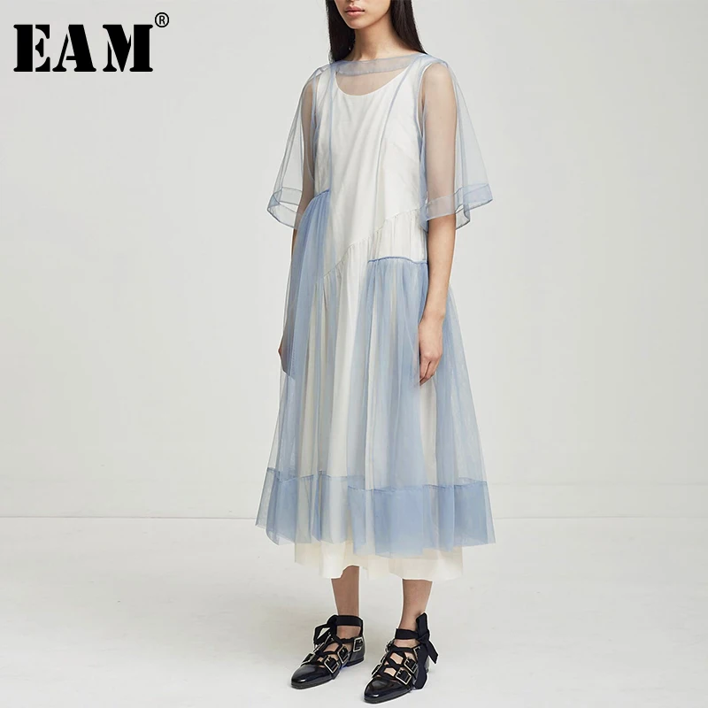 

[EAM] 2019 New Spring Summer Round Neck Short Sleeve Blue Mesh Split Joint Loose Two Piece Dress Women Fashion Tide JW627