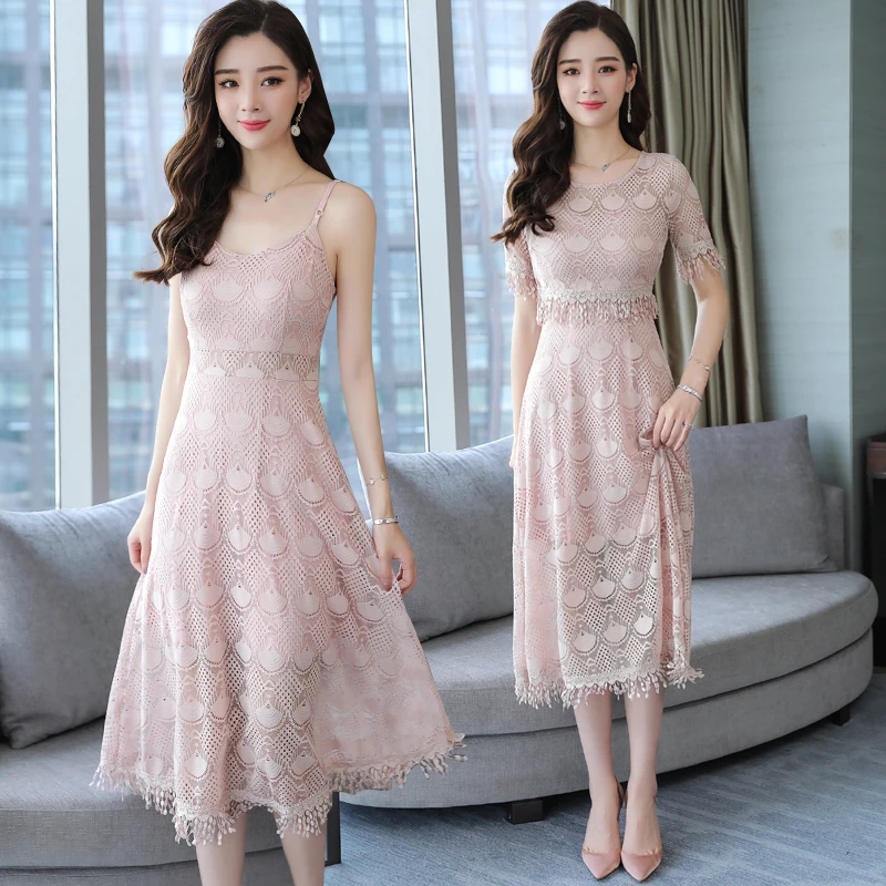 

Summer Lace Two-piece Black Sling Dress Vestidos 2019 New Bohemian Retro Slim O-neck High Waist Sexy Openwork Club Party Dress