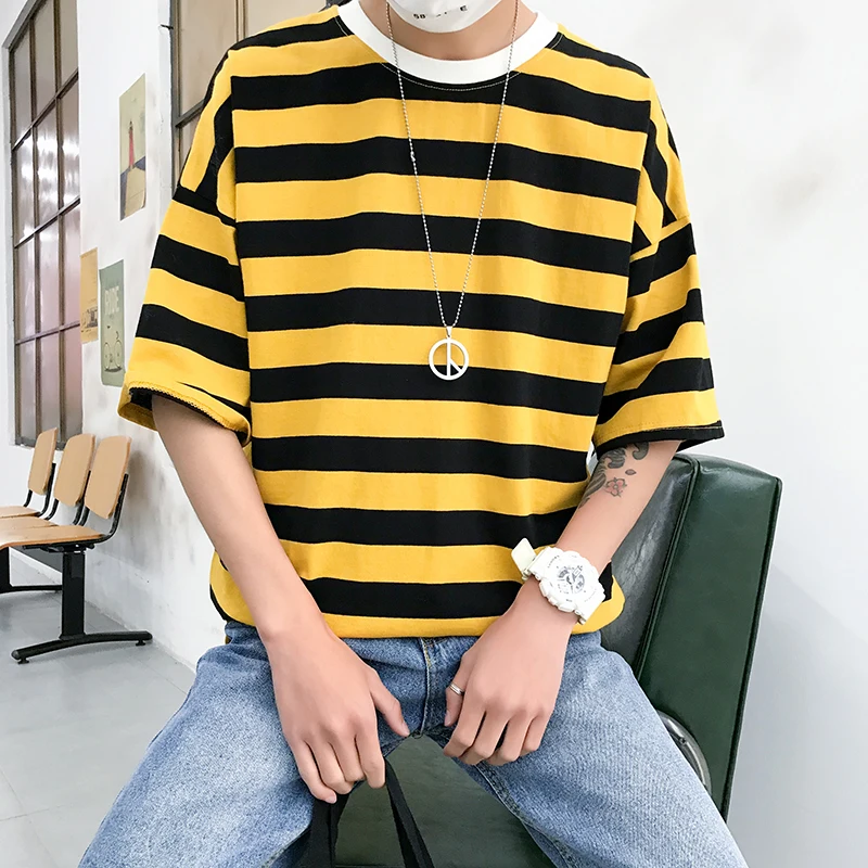 

LEGIBLE Men Striped T-shirts 2019 Mens Hip Hop Cotton Casual T-shirts Male Loose Short Sleeve Summer Tees Men