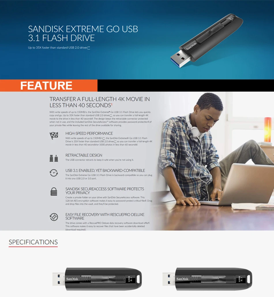 SanDisk EXTREME GO USB 3,1 флеш-накопитель 64 Гб 128 ГБ до 35X быстрее, чем стандартные USB 2,0 накопители 200 МБ/с./с SDCZ800-064G-Z46