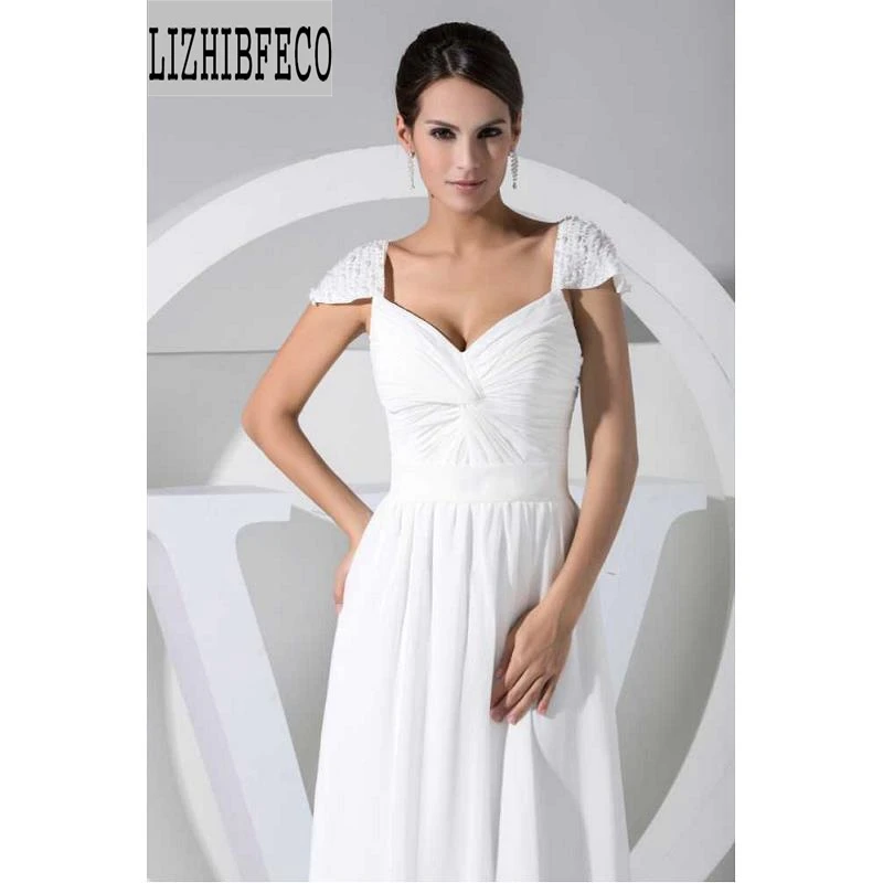 

White Chiffon Beading V-Neck Floor-Length Cap Sleeves A-line Formal Evening Dresses Custom made