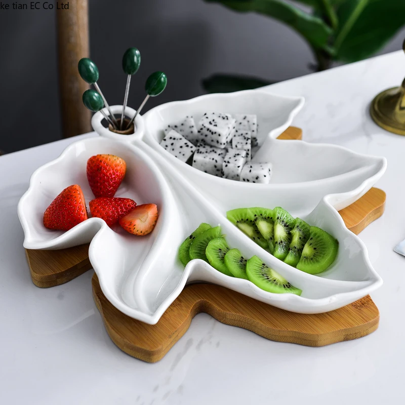 Nordic creative ceramic fruit plate Separated dried fruit plate with bamboo mat Fruit snack