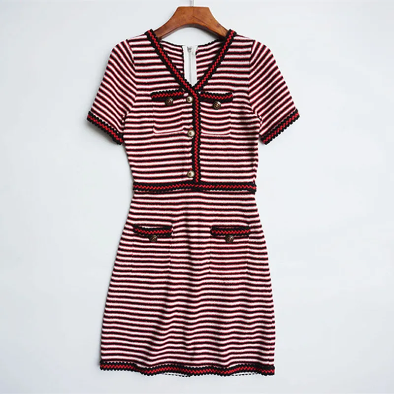 

Women Knitted A Line Dress Short Sleeve Weave Button Striped Casual Mini Dresses Woman Summer V Neck Back Zipper Short Dress