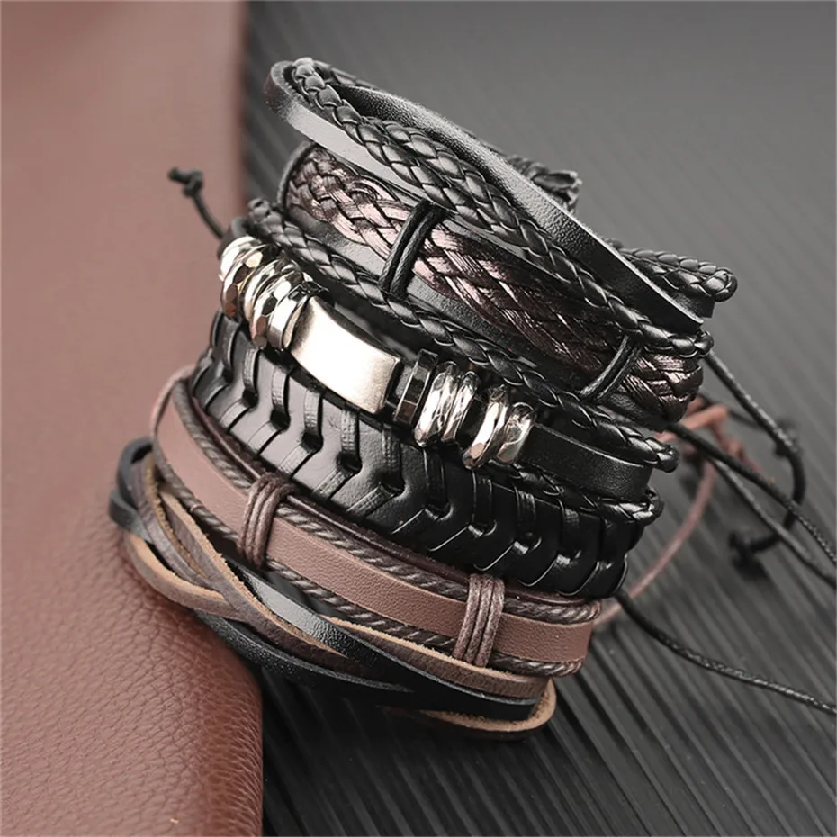 Black Brown Geometric Shape Rope Chain Mens Bracelet Set Punk Genuine Leather Bracelet Charms Gifts For Men (8)
