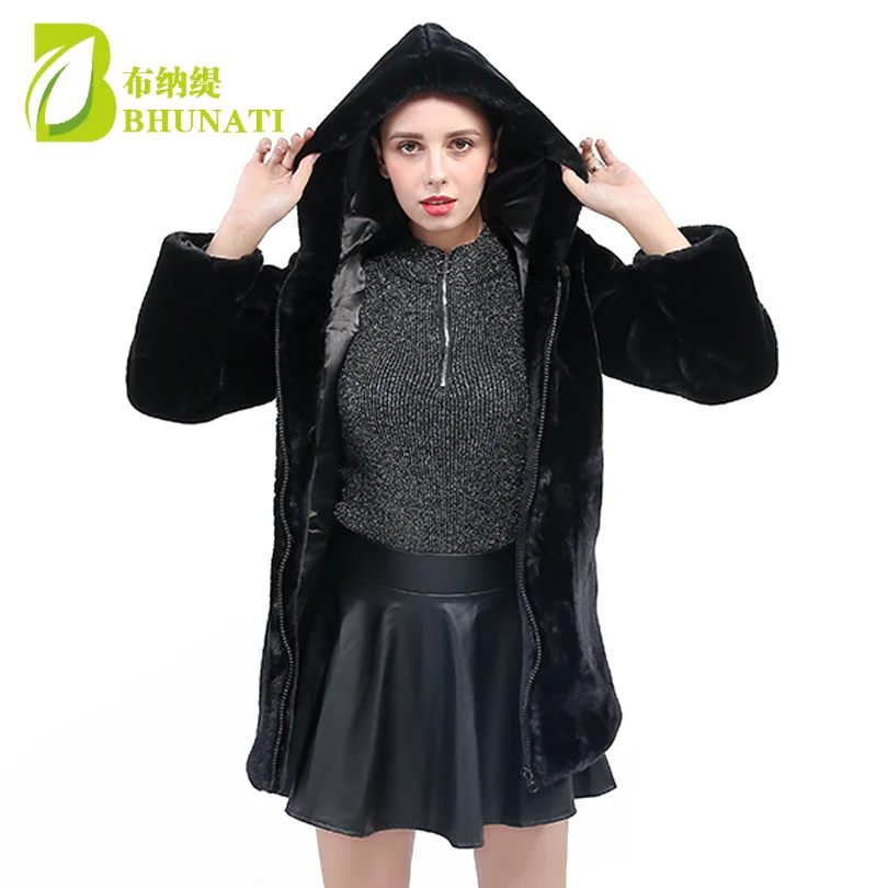 

2018 New Women Mink Fur Faux fur Coat Hooded Female Winter Thick Warm Long Sleeve Black Faux Fur coats Overcoat Parka