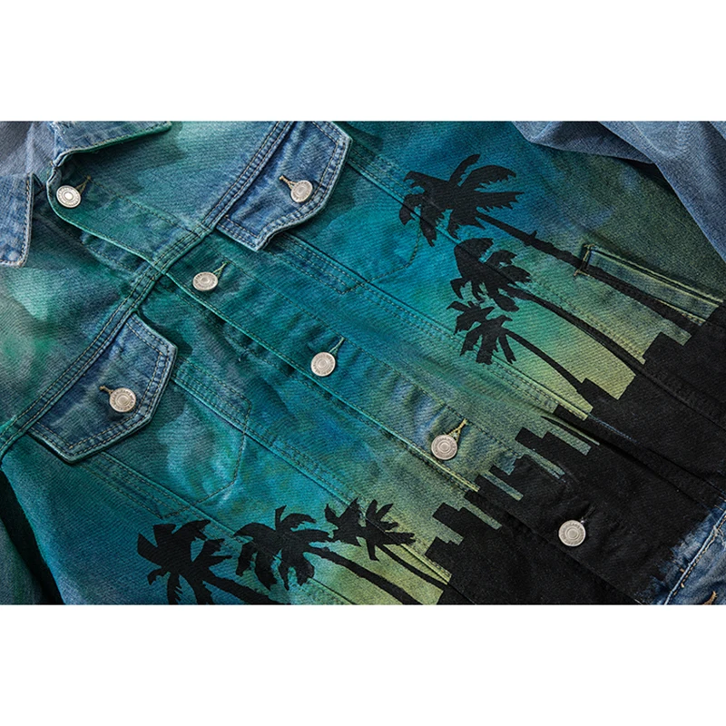 Men's Denim Jacket Streetwear Hip-hop Washed Destroyed Man Jacket Coconut Tree Print Loose Jacket Men's Spring Autumn