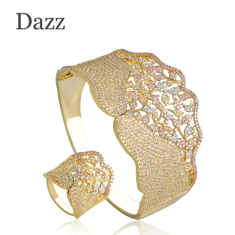 

Dazz 2018 Fashion Flower Design Brand Bijoux Luxury Women Bridal Wedding Jewelry Sets Copper Zircons Large Wide Bangle Ring Set