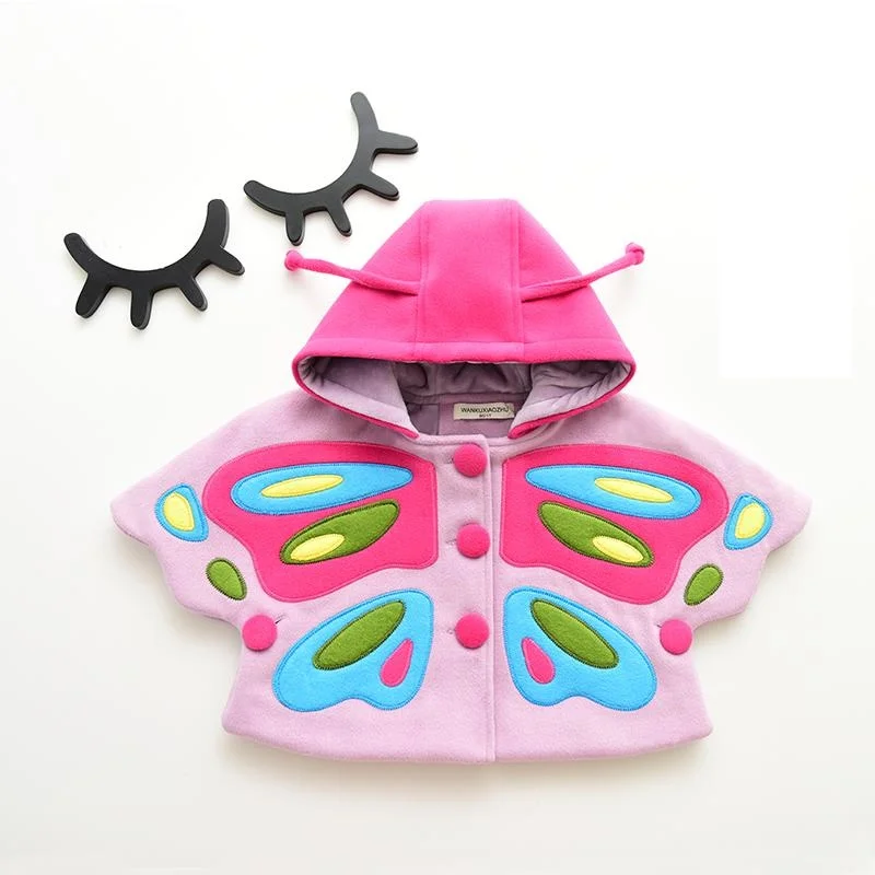 2017 new arrival moda piękne dziewczyny duży motyl ubrania 1-6 letnich kobiet dziecko płaszcz peleryna płaszcz tweed płaszcz dla dzieci