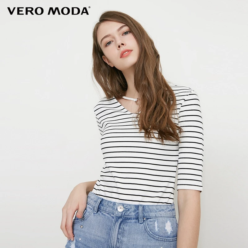Vero Moda 2019 new neckline ring decorative stripe pattern half-sleeve sleeve T-shirt|3182T1513 Vero Moda 2019 new neckline ring decorative stripe pattern half-sleeve sleeve T-shirt|3182T1513