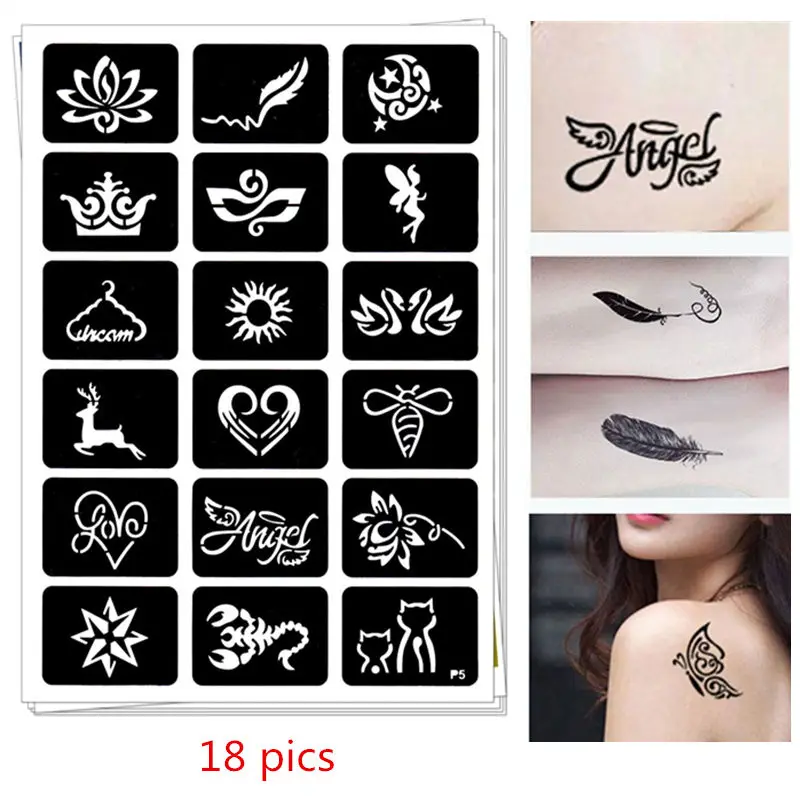 

18 pics Henna Tattoo Stencils DIY Jagua Drawing Templates Airbrush Mehndi Body Art Small Flash Tatoo Stencil C22