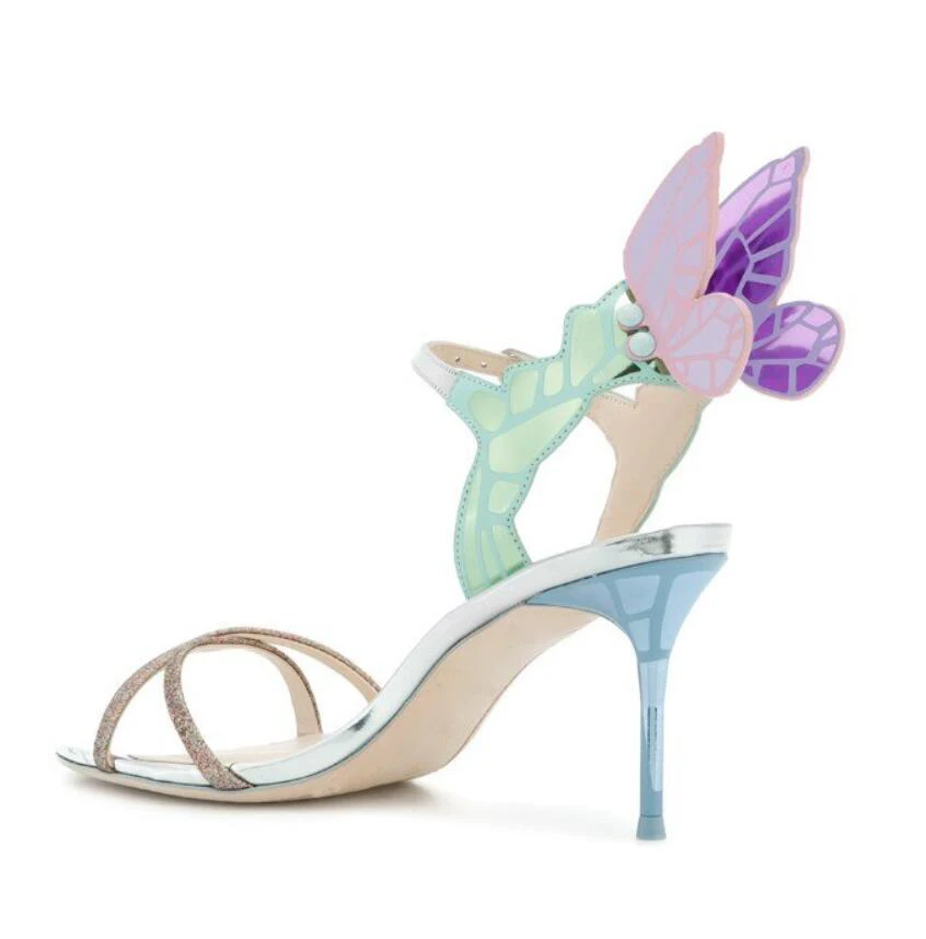 

Summer 3D Butterfly Wings Multi Leather Patchwork Sandals Women Sequins Crossed Strap Stilettos Peep Toe Ladies Party High Heels