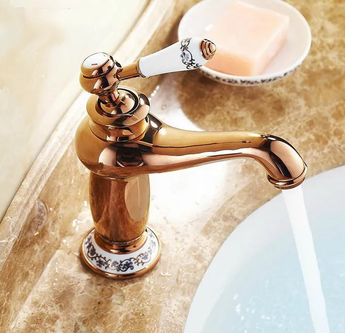 Bathroom Faucet Rose Gold Copper Finish Ceramic Flower Pattern Bathroom Faucet Rose Gold Copper Finish