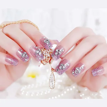 

Girls Sweet Light Purple Color Fake Nail Flower Design Glitter Nail Art Tips with Glue Artificial French Style Long False Nails