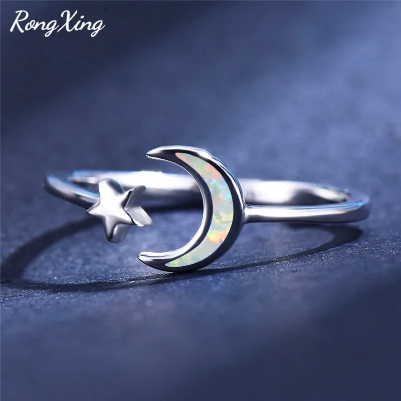 RongXing кольцо с белым золотом в форме звезд и Луны синее/Белое огненное Опаловое