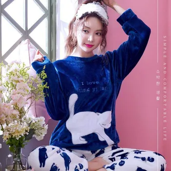 

Autumn Winter Long Sleeved Women Pajama Sets Warm Coral Velvet Sleepwear Suit Flannel Pijama Mujer Cartoon Letter Animal Pajamas