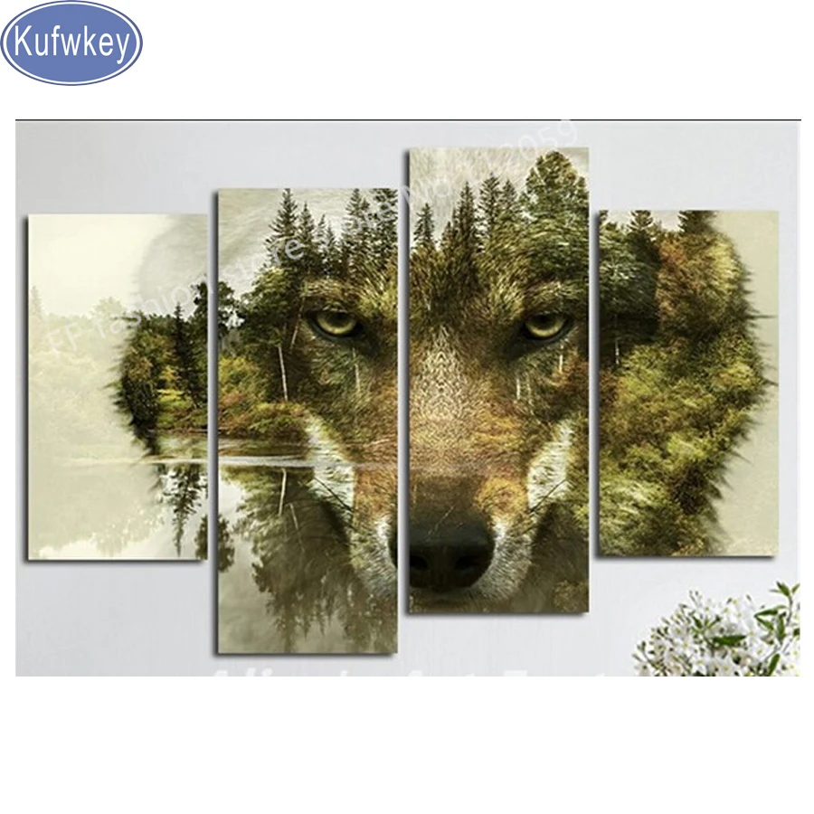 4pcs/set 5d diy diamond painting cross stitch&quotmountain wolf&quotfull square drill embroidery rhinestones mosaic wall decor | Дом и сад