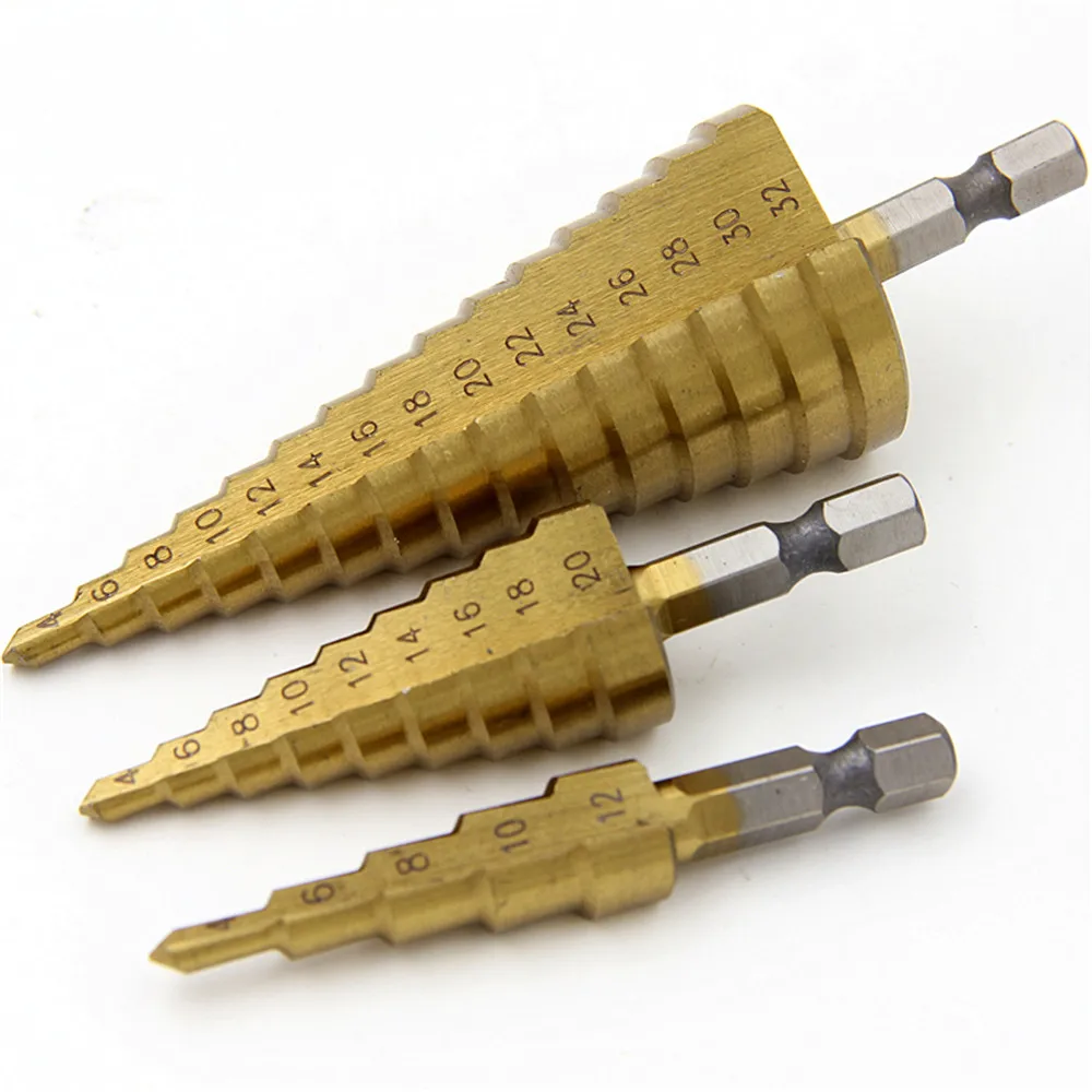3Pcs/lot Hss Steel Titanium Step Drill Bits 4 12/20/32mm Step Cone
