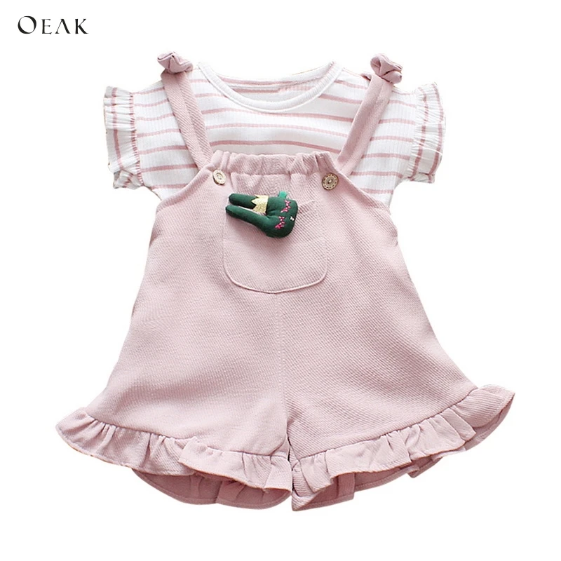 Oeak Baby Girl Clothes Summer Pink Black Cartoon Cute Short Sleeved T-shirts + Bib Pants Baby Girl Clothes Kids Infant Suits