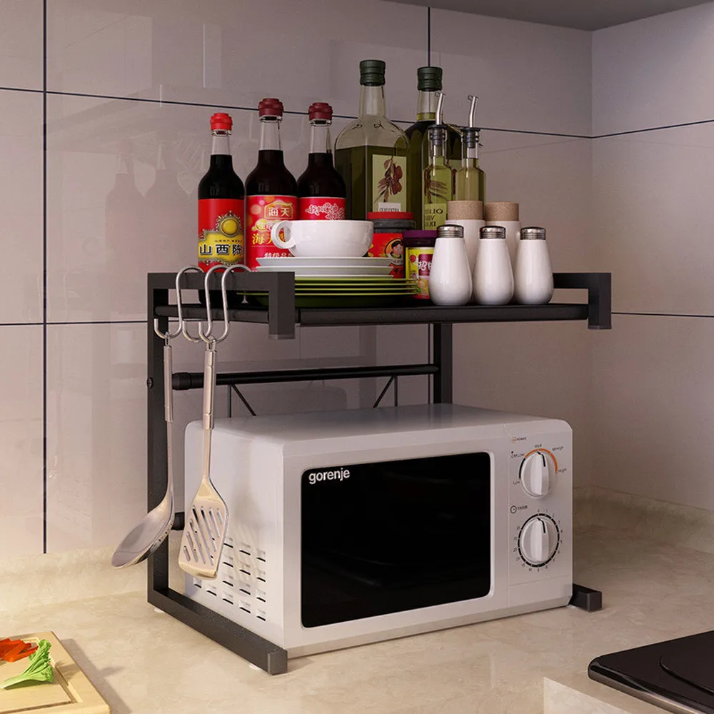  A1 Retractable microwave oven shelf 2 layer home kitchen multi-function black storage rack floor-st - 32916501333