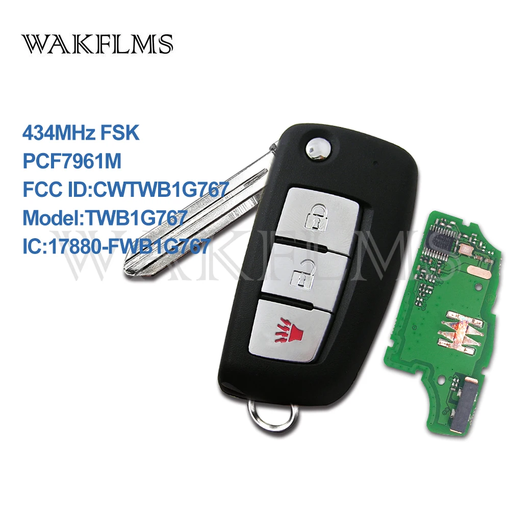 

3btn Remote Flip Car Key fob 434MHz For Nissan Rogue 2014- with PCF7961M chip CWTWB1G767 TWB1G767 28268-4CB1A