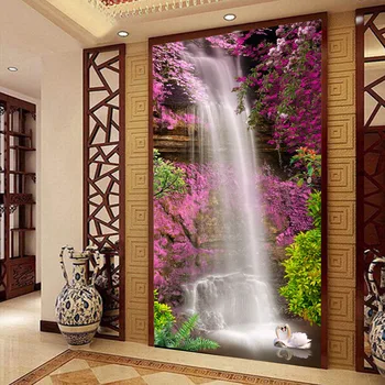

Photo Wallpaper Beautiful Waterfall Swan Pink Flower Backdrop Wall Mural Hotel Lobby Living Room Entrance Decor Papier Peint 3D